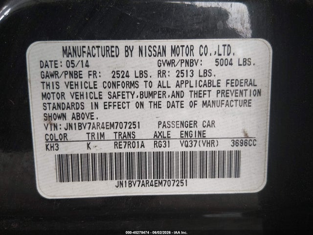 Aukcja sprzedaży 2014 Infiniti Q50, vin: JN1BV7AR4EM707251, numer aukcji: 45278474