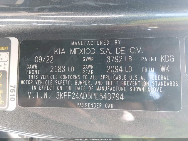 Aukcja sprzedaży 2023 Kia Forte Lxs, vin: 3KPF24AD5PE543794, numer aukcji: 45278477