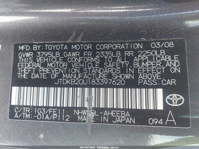 2008 Toyota Prius Standard/touring მანქანა იყიდება აუქციონზე, vin: JTDKB20U183397620, აუქციონის ნომერი: 45278480