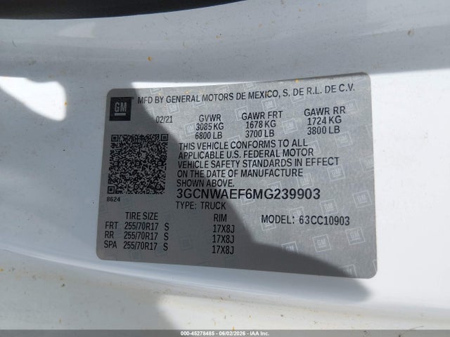 3GCNWAEF6MG239903 Chevrolet Silverado 1500 2wd Long Bed Wt
