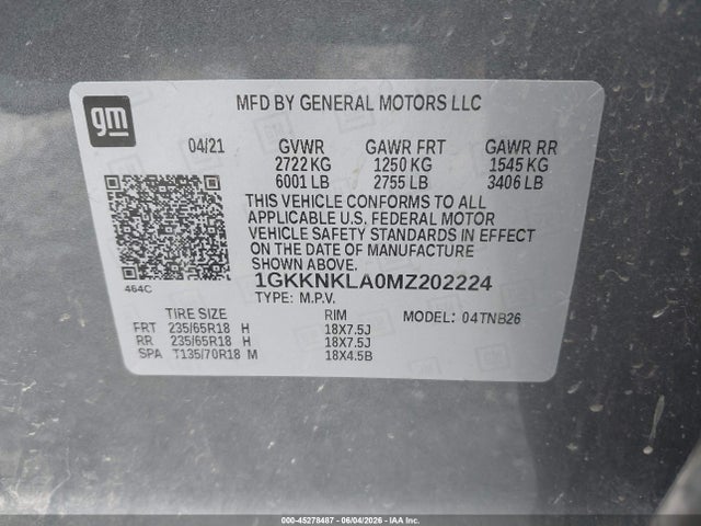 2021 Gmc Acadia Fwd Sle მანქანა იყიდება აუქციონზე, vin: 1GKKNKLA0MZ202224, აუქციონის ნომერი: 45278487