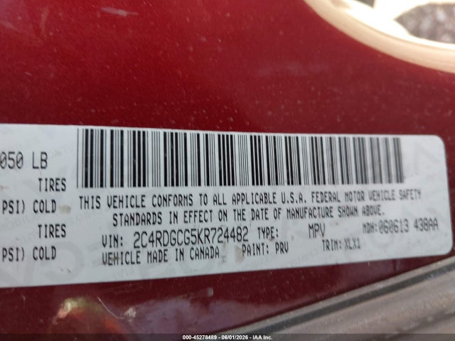 45278489 :رقم المزاد ، 2C4RDGCG5KR724482 vin ، 2019 Dodge Grand Caravan Sxt مزاد بيع