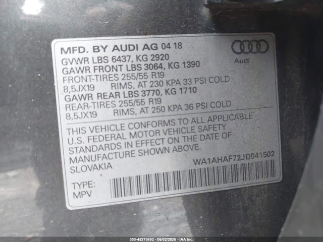 Продаж на аукціоні авто 2018 Audi Q7 2.0t Premium, vin: WA1AHAF72JD041502, номер лоту: 45278492