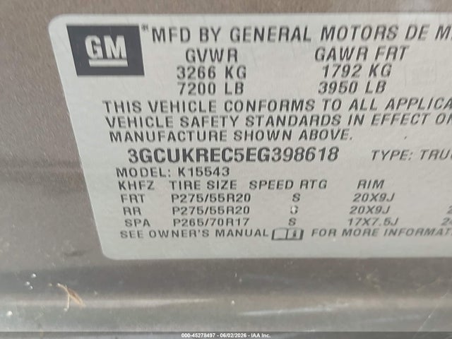 3GCUKREC5EG398618 Chevrolet Silverado 1500 1lt