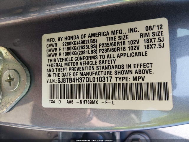 2013 Acura Rdx მანქანა იყიდება აუქციონზე, vin: 5J8TB4H37DL010317, აუქციონის ნომერი: 45278499