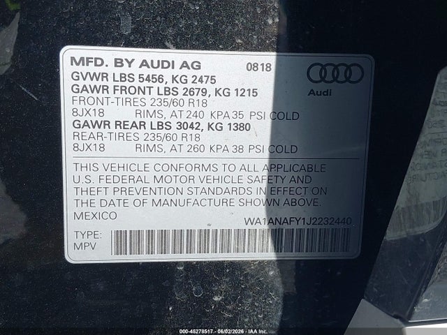 Продажа на аукционе авто 2018 Audi Q5 2.0t Premium, vin: WA1ANAFY1J2232440, номер лота: 45278517