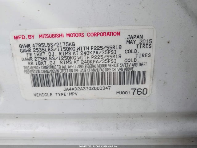 Mitsubishi Outlander Es 2016 JA4AD2A37GZ000347 Image 9