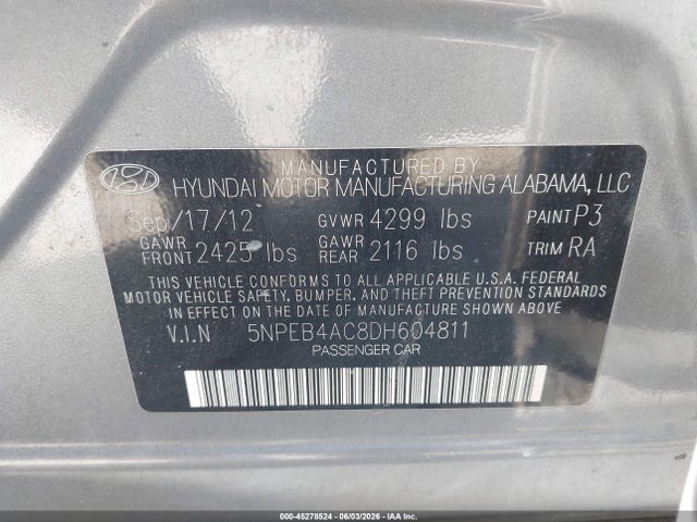 Aukcja sprzedaży 2013 Hyundai Sonata Gls, vin: 5NPEB4AC8DH604811, numer aukcji: 45278524