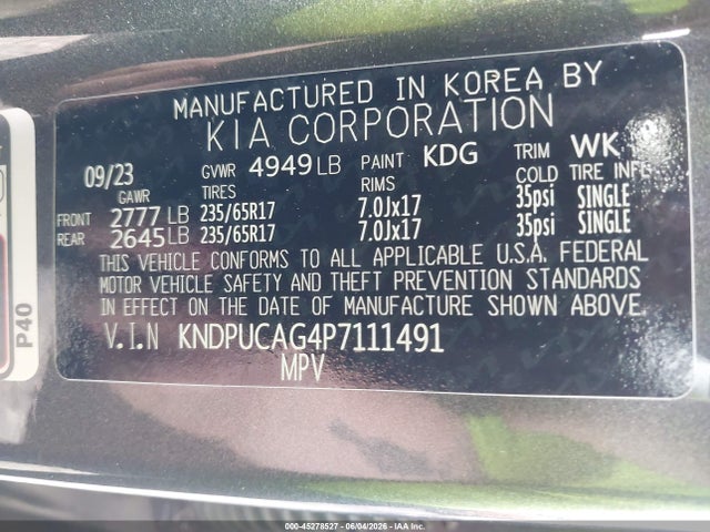 Aukcja sprzedaży 2023 Kia Sportage Hybrid Lx, vin: KNDPUCAG4P7111491, numer aukcji: 45278527