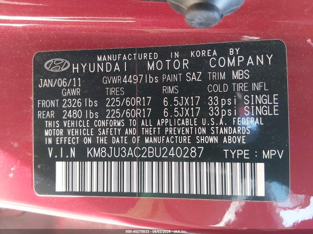 Aukcja sprzedaży 2011 Hyundai Tucson Gls, vin: KM8JU3AC2BU240287, numer aukcji: 45278533