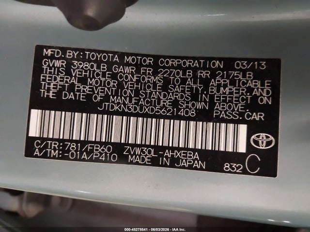 Aukcja sprzedaży 2013 Toyota Prius Three, vin: JTDKN3DUXD5621408, numer aukcji: 45278541
