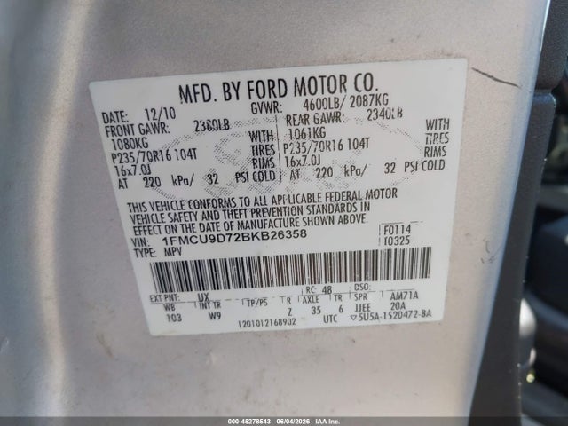 Aukcja sprzedaży 2011 Ford Escape Xlt, vin: 1FMCU9D72BKB26358, numer aukcji: 45278543