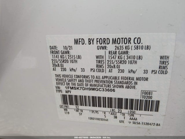 1FMSK7DH9MGC33606 Ford EXPLORER XLT