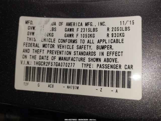 1HGCR2F57GA070277 Honda Accord Sport