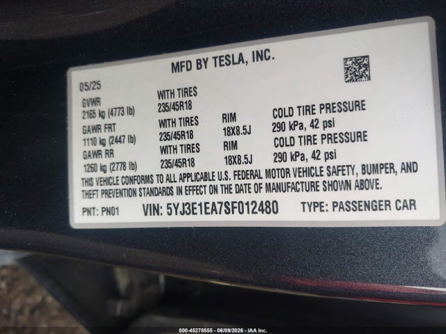 Aukcja sprzedaży 2025 Tesla Model 3 Long Range Rear-wheel Drive/standard Rear-wheel Drive, vin: 5YJ3E1EA7SF012480, numer aukcji: 45278555