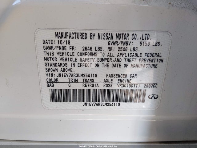 45278563 :رقم المزاد ، JN1EV7AR3LM254119 vin ، 2020 Infiniti Q50 Edition 30 Awd مزاد بيع