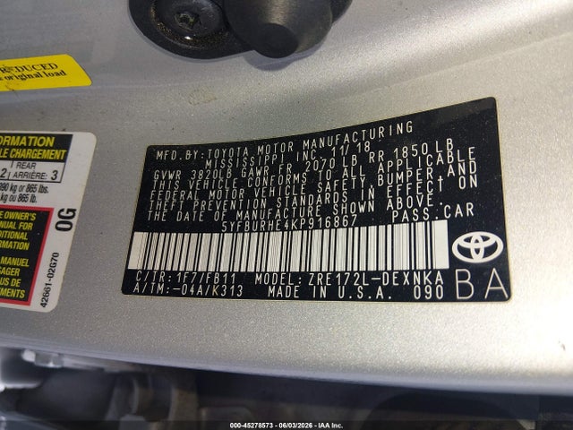 5YFBURHE4KP916867 Toyota COROLLA LE