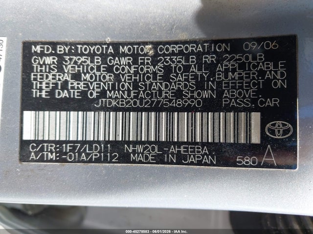 45278583 :رقم المزاد ، JTDKB20U277548990 vin ، 2007 Toyota Prius مزاد بيع