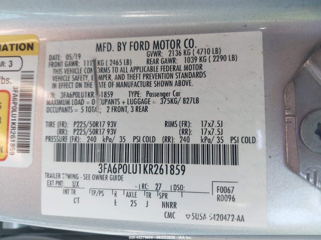 45278600 :رقم المزاد ، 3FA6P0LU1KR261859 vin ، 2019 Ford Fusion Hybrid Se مزاد بيع