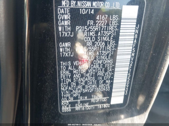 Продажа на аукционе авто 2015 Nissan Juke Sv, vin: JN8AF5MV2FT550933, номер лота: 45278613
