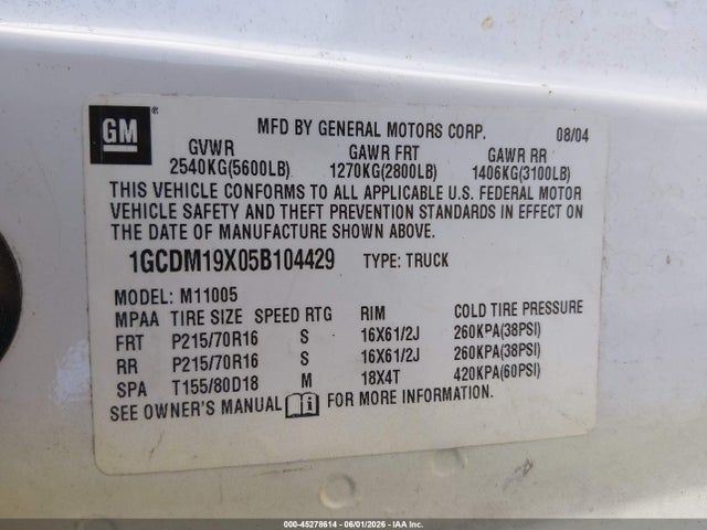 2005 Chevrolet Astro მანქანა იყიდება აუქციონზე, vin: 1GCDM19X05B104429, აუქციონის ნომერი: 45278614