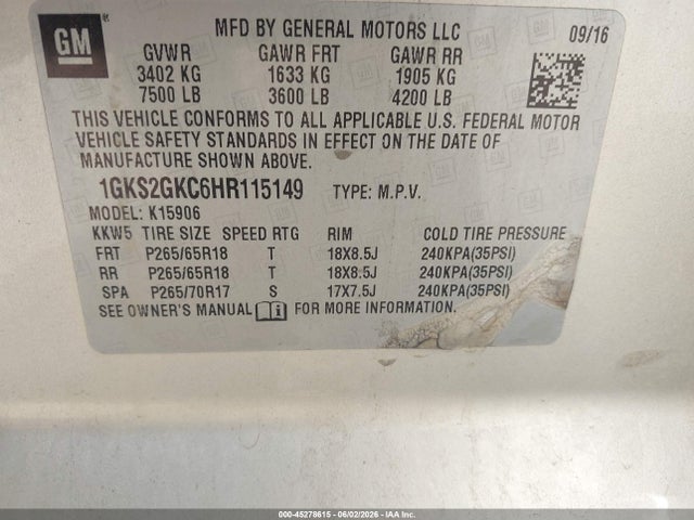 2017 Gmc Yukon Xl Slt მანქანა იყიდება აუქციონზე, vin: 1GKS2GKC6HR115149, აუქციონის ნომერი: 45278615