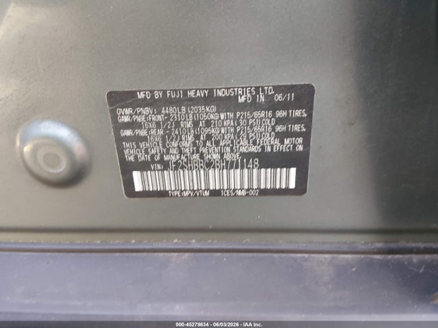 45278634 :رقم المزاد ، JF2SHBBC2BH771148 vin ، 2011 Subaru Forester 2.5x مزاد بيع