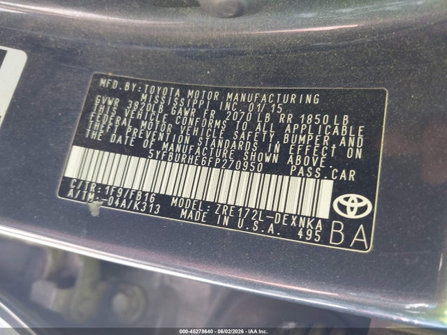 45278640 :رقم المزاد ، 5YFBURHE6FP270950 vin ، 2015 Toyota Corolla Le مزاد بيع