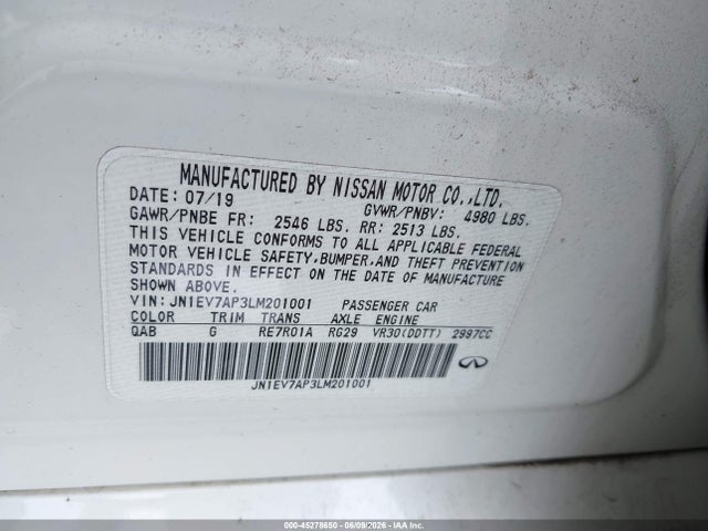 Продажа на аукционе авто 2020 Infiniti Q50 Luxe, vin: JN1EV7AP3LM201001, номер лота: 45278650