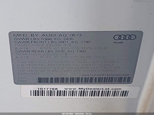 45278663 :رقم المزاد ، WA1LFAFP1DA096348 vin ، 2013 Audi Q5 2.0t Premium مزاد بيع