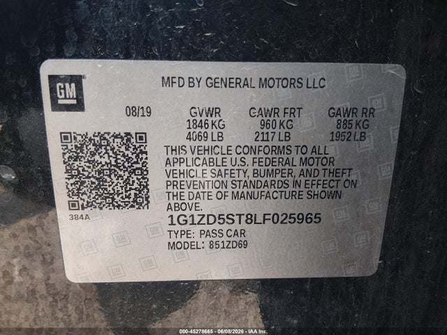 Продажа на аукционе авто 2020 Chevrolet Malibu Fwd Lt, vin: 1G1ZD5ST8LF025965, номер лота: 45278665