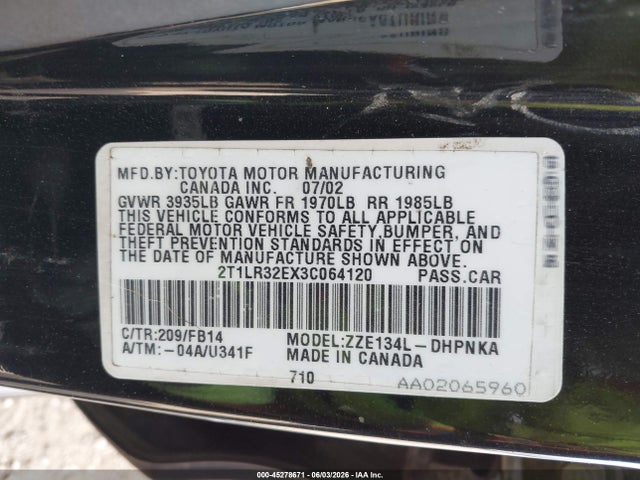 2003 Toyota Matrix Xr მანქანა იყიდება აუქციონზე, vin: 2T1LR32EX3C064120, აუქციონის ნომერი: 45278671