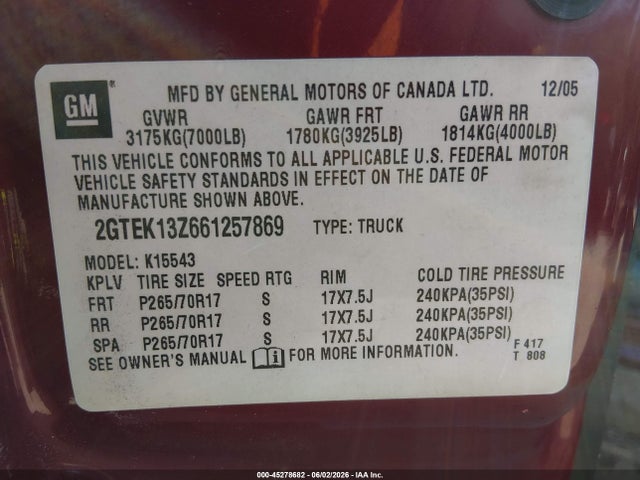 45278682 :رقم المزاد ، 2GTEK13Z661257869 vin ، 2006 Gmc Sierra 1500 Slt مزاد بيع