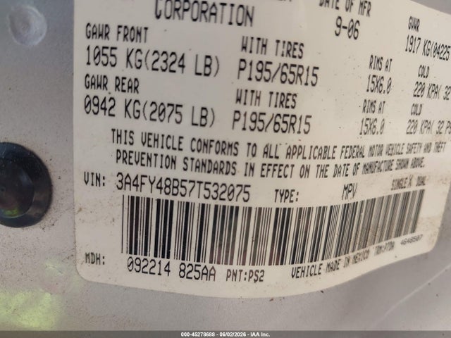 45278688 :رقم المزاد ، 3A4FY48B57T532075 vin ، 2007 Chrysler Pt Cruiser مزاد بيع