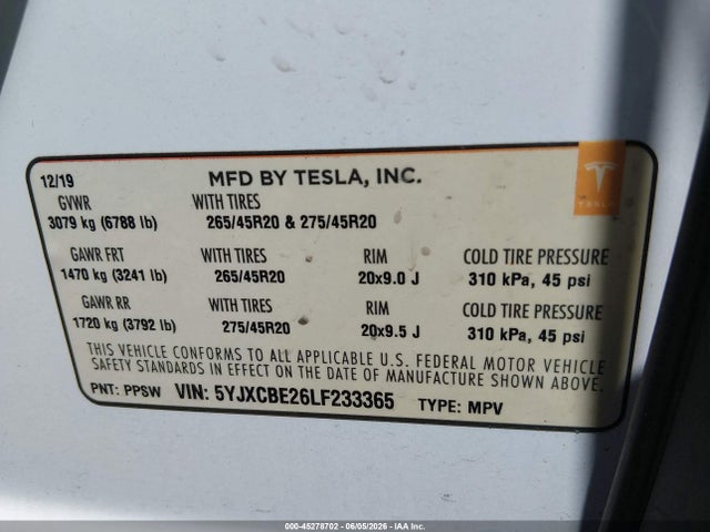 45278702 :رقم المزاد ، 5YJXCBE26LF233365 vin ، 2020 Tesla Model X Long Range Dual Motor All-wheel Drive/long Range Plus Dual Motor All-wheel Drive مزاد بيع