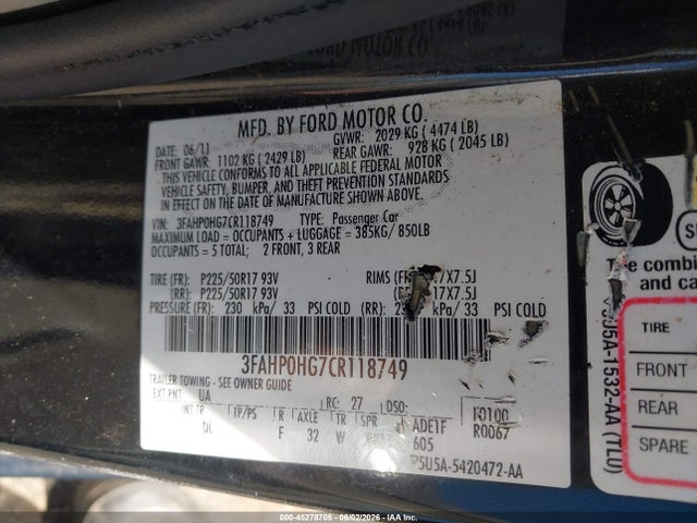 Aukcja sprzedaży 2012 Ford Fusion Se, vin: 3FAHP0HG7CR118749, numer aukcji: 45278705