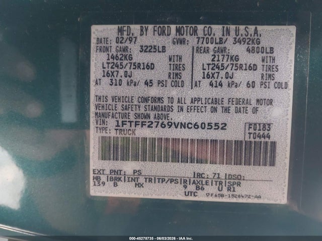 Aukcja sprzedaży 1997 Ford F-250 Lariat/standard/xl/xlt, vin: 1FTFF2769VNC60552, numer aukcji: 45278735