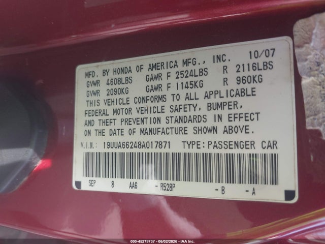 45278737 :رقم المزاد ، 19UUA66248A017871 vin ، 2008 Acura Tl 3.2 مزاد بيع