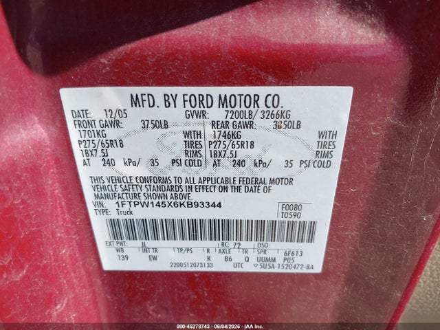 Продажа на аукционе авто 2006 Ford F-150 Fx4/lariat/xlt, vin: 1FTPW145X6KB93344, номер лота: 45278743