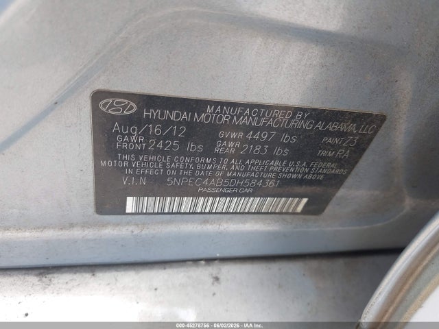 2013 Hyundai Sonata Limited 2.0t მანქანა იყიდება აუქციონზე, vin: 5NPEC4AB5DH584361, აუქციონის ნომერი: 45278756