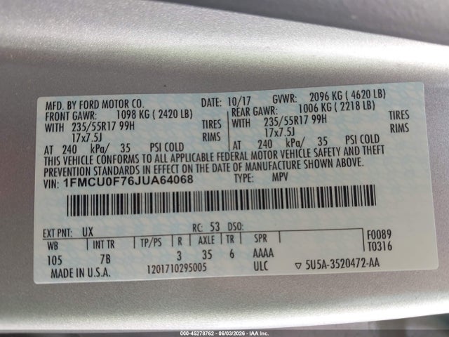 Aukcja sprzedaży 2018 Ford Escape S, vin: 1FMCU0F76JUA64068, numer aukcji: 45278762