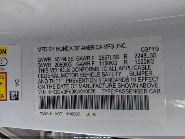 Aukcja sprzedaży 2019 Honda Accord Hybrid Ex-l, vin: 1HGCV3F59KA010026, numer aukcji: 45278765