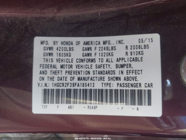 Продажа на аукционе авто 2015 Honda Accord Lx, vin: 1HGCR2F39FA185413, номер лота: 45278778
