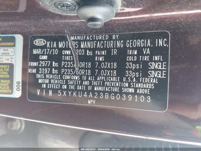 Продаж на аукціоні авто 2011 Kia Sorento Ex V6, vin: 5XYKU4A23BG039103, номер лоту: 45278781