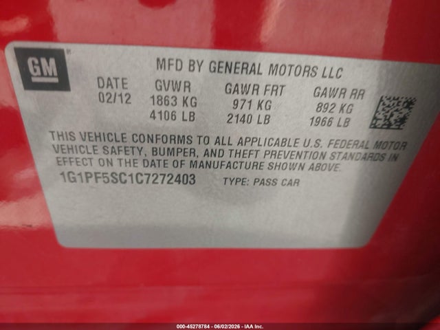 45278784 :رقم المزاد ، 1G1PF5SC1C7272403 vin ، 2012 Chevrolet Cruze 1lt مزاد بيع