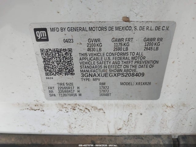 45278788 :رقم المزاد ، 3GNAXUEGXPS208409 vin ، 2023 Chevrolet Equinox Awd Lt مزاد بيع