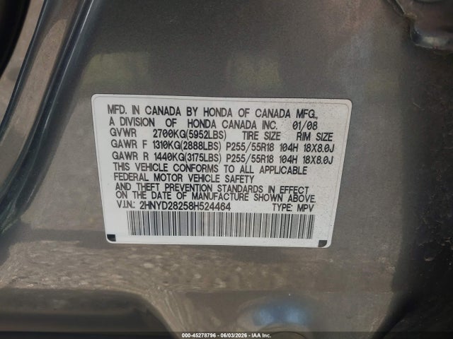 Aukcja sprzedaży 2008 Acura Mdx, vin: 2HNYD28258H524464, numer aukcji: 45278796