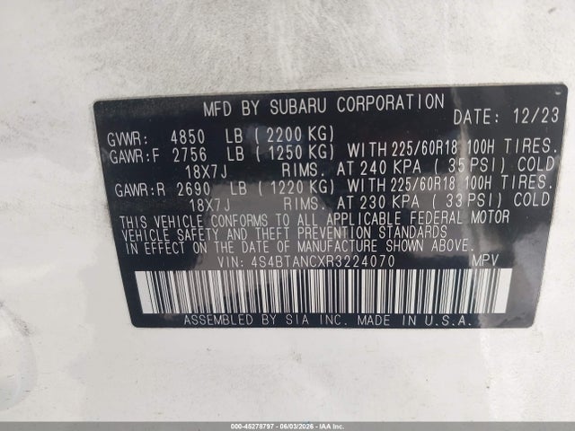 Продажа на аукционе авто 2024 Subaru Outback Limited, vin: 4S4BTANCXR3224070, номер лота: 45278797