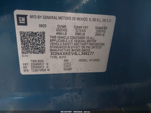 3GNAXKEV4LL346177 Chevrolet Equinox Fwd Lt 1.5l Turbo