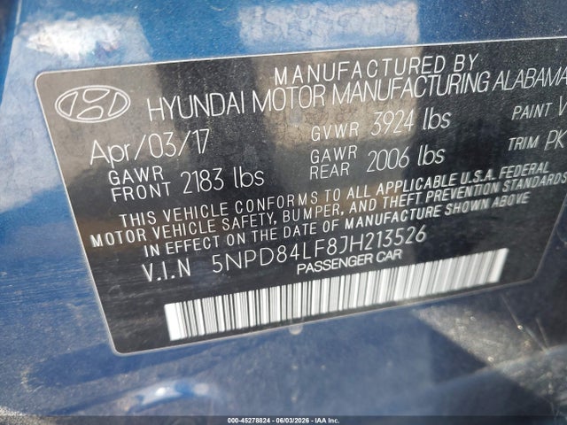 5NPD84LF8JH213526 Hyundai ELANTRA SEL